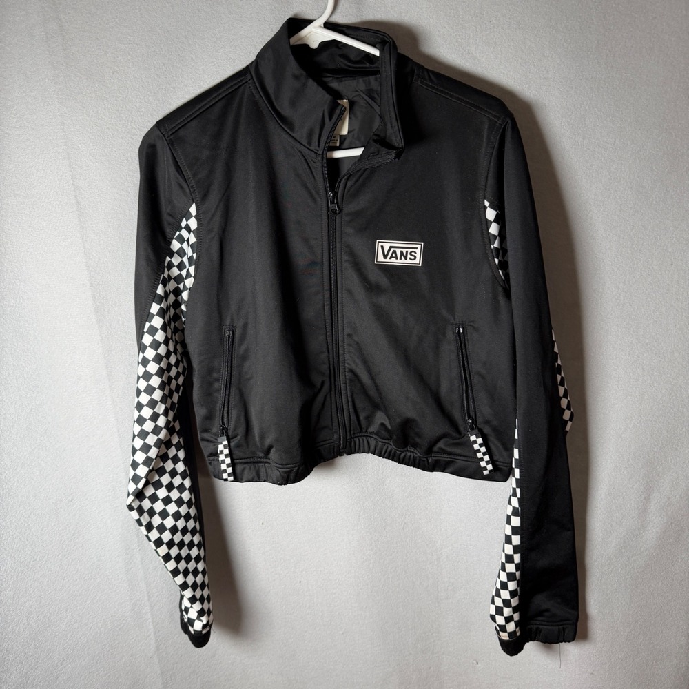 Vans Cropped Jacket Women Medium Black Checkerboard Sleeve Polyester EUC Skater
